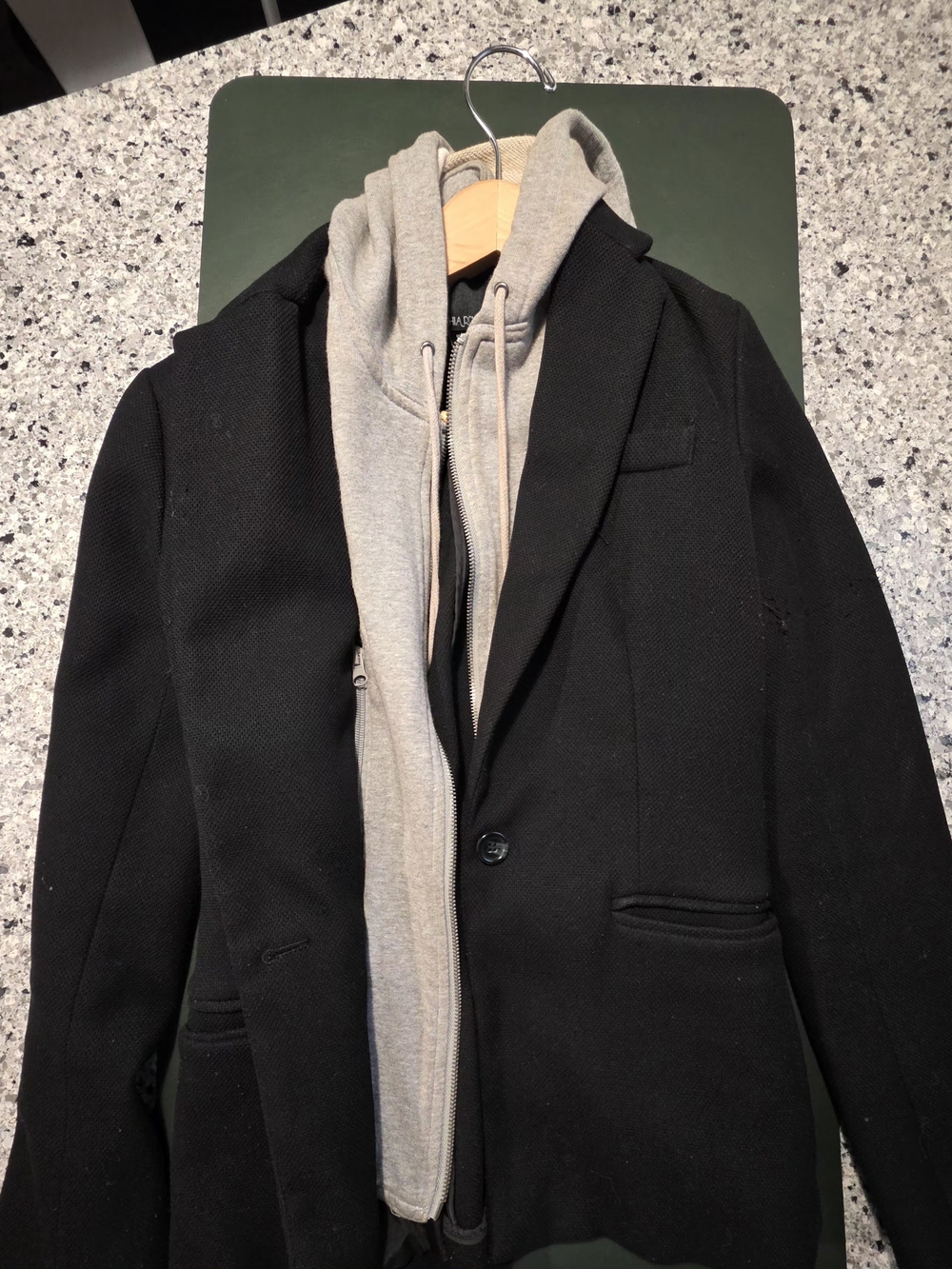 Cynthia Rowley Black Blazer with Gray Hoodie Layer